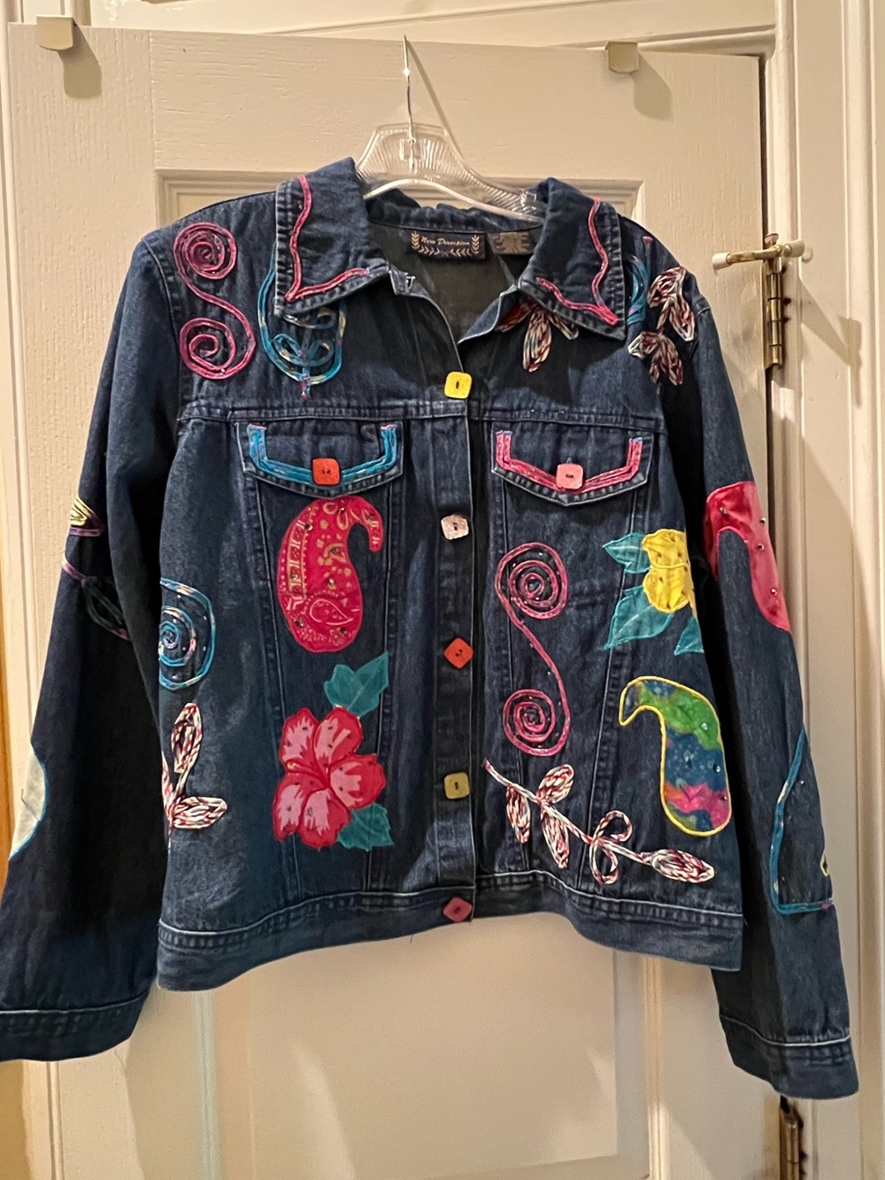 Denim jacket with embellishments and fun buttons, New Direction, size large